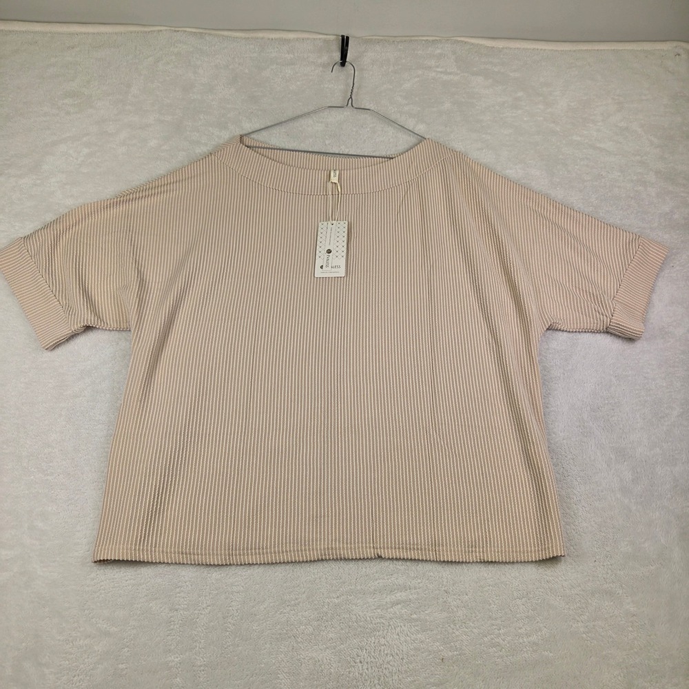 Evaless Womens 2XL Tan White Striped Ribbed Boat Neck Short Sleeve Boxy Top NEW